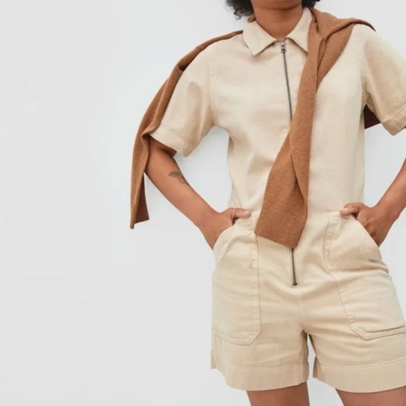 Everlane Denim Khaki Short Coverall Romper Full Zip - Picture 6 of 11